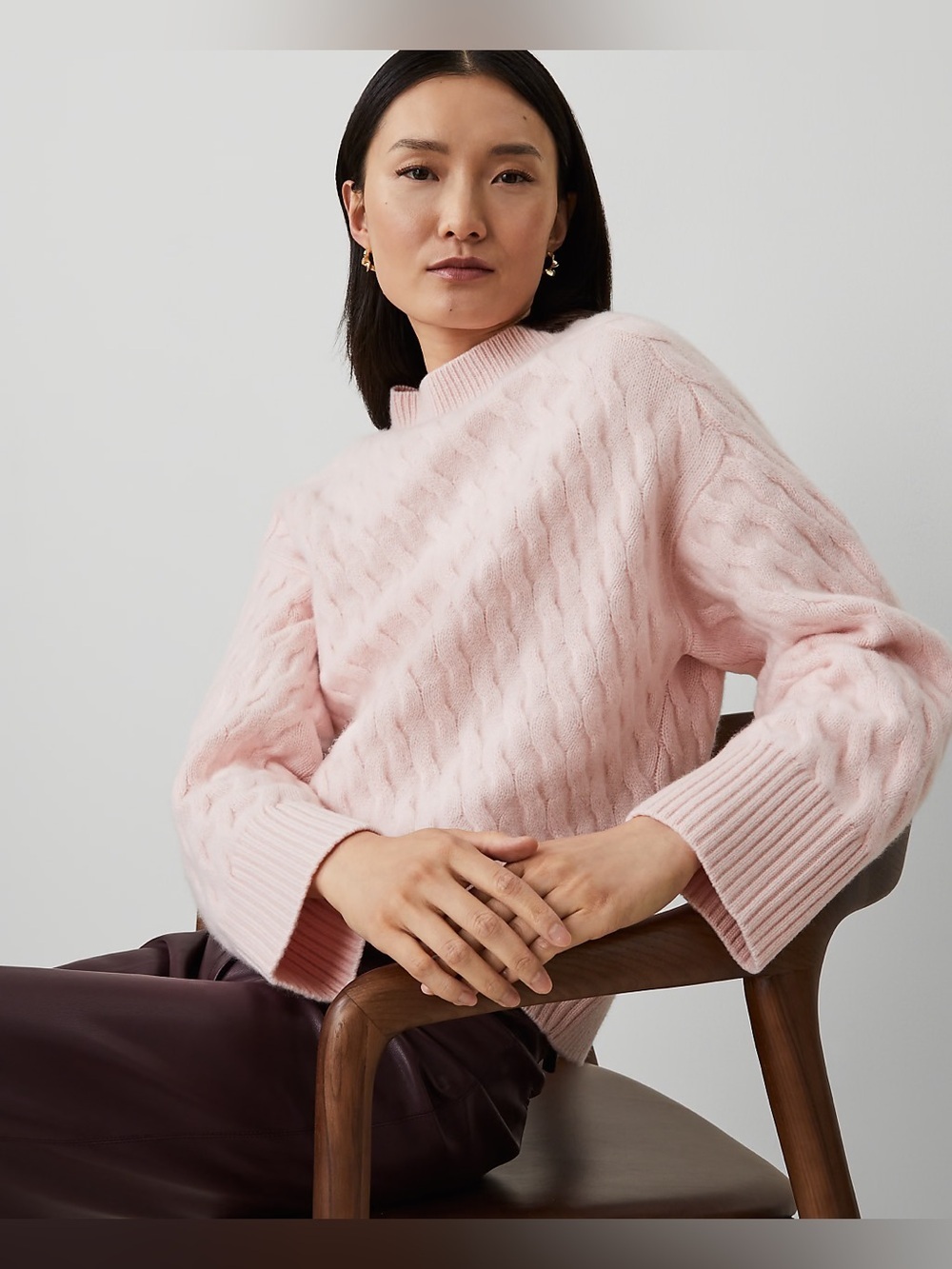 Ann Taylor 100% Cashmere Cable Knit Mock Neck Sweater Pink Size S Soft Luxury